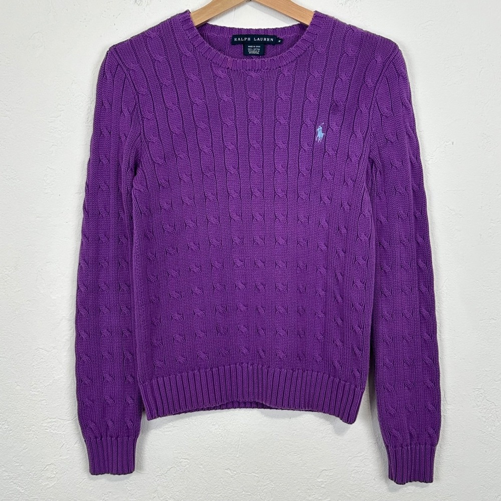 Ralph Lauren Womens Preppy Tennis Sweater Size Medium Purple Cable Knit Pullover